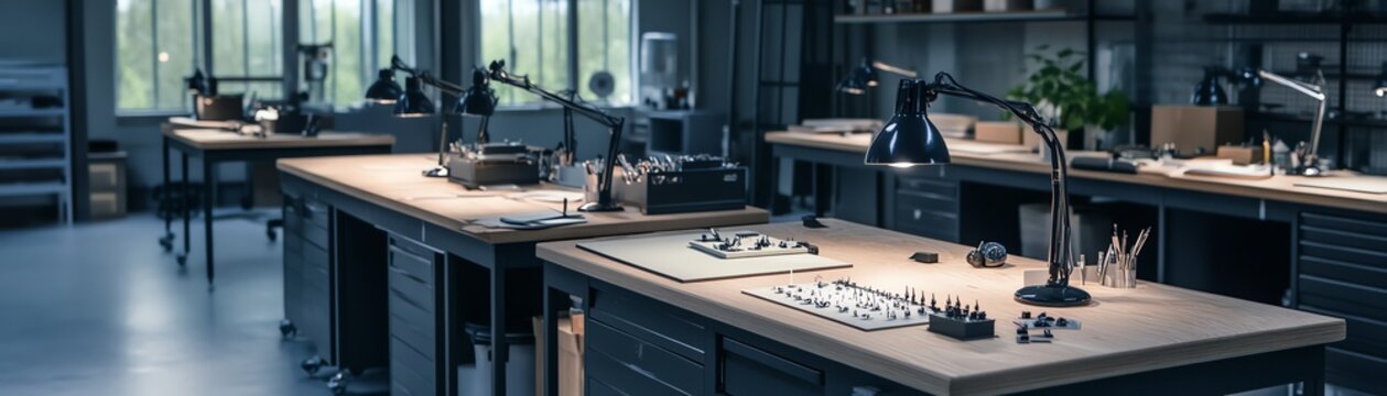 Modern workshop interior with well-organized workspaces and bright lighting.