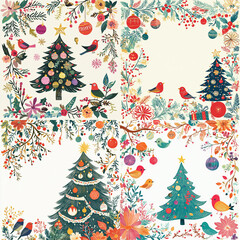 Holidays cards with Christmas Tree, birds, Christmas ornament, backgrounds, ornate floral frames and copy space. Universal modern artistic templates.