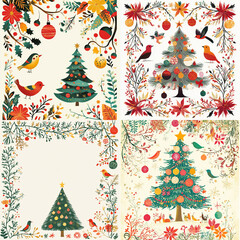 Holidays cards with Christmas Tree, birds, Christmas ornament, backgrounds, ornate floral frames and copy space. Universal modern artistic templates.