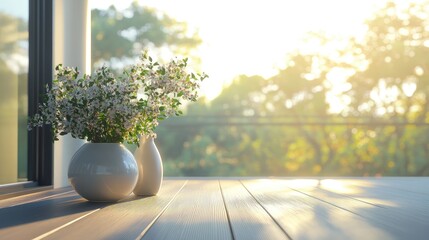 Fototapeta premium Minimalist balcony window with soft sunlight highlighting a few understated flower vases, creating a calm and peaceful space.