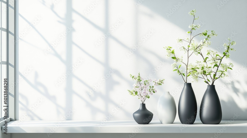 Poster minimalist-style balcony window adorned with sleek flower vases, sunlight creating a soft focal poin