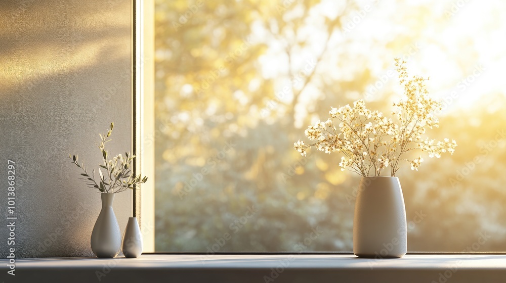 Poster minimalist-style balcony window adorned with sleek flower vases, sunlight creating a soft focal poin