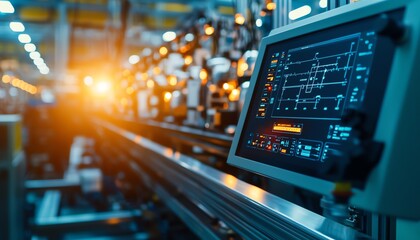 Close-up of a modern industrial control panel displaying data in a factory setting with warm light in the background.