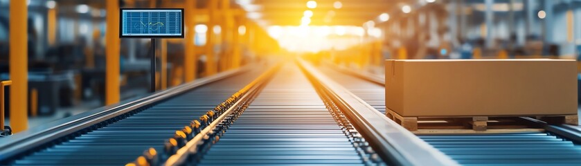 Conveyor belt in a warehouse with a cardboard box at sunset, representing logistics and supply chain operations.