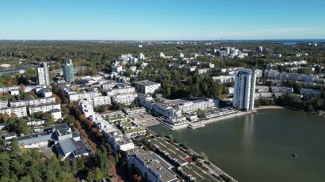 Aerial view of Kivenlahti, Espoo: Kivenlahti is a district in southern Finland, located west of Helsinki. It is situated on the coast, along the Gulf of Finland.