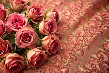 Beautiful bouquet of roses on elegant rose brocade fabric