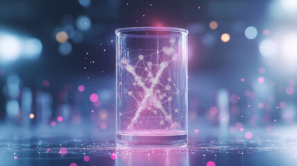 Double exposure of a laboratory setting combined with glowing molecular structures and scientific diagrams, symbolizing research and innovation