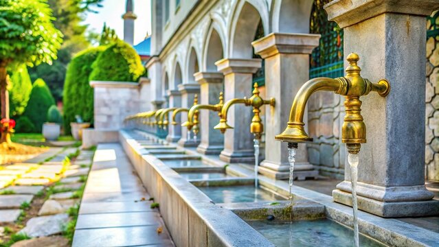 Beautiful garden in mosque with asymmetrical design featuring faucets and stones for ablutions