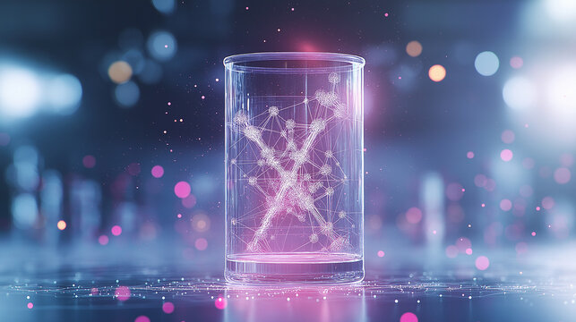 Double exposure of a laboratory setting combined with glowing molecular structures and scientific diagrams, symbolizing research and innovation