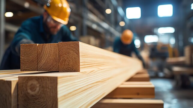 Workers in a lumber mill handling wooden beams in a busy workshop environment.