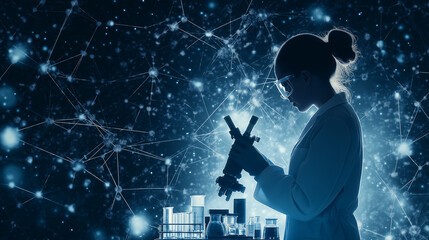 Silhouette of a scientist analyzing data, overlaid with chemical bonds and scientific equipment, representing research and technology