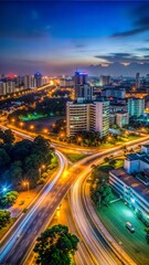 Night cityscape view of illuminated metropolitan area with light trails on the road