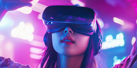 Asian woman young with vr headset in the metaverse