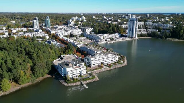 Aerial view of Kivenlahti, Espoo: Kivenlahti is a district in southern Finland, located west of Helsinki. It is situated on the coast, along the Gulf of Finland.
