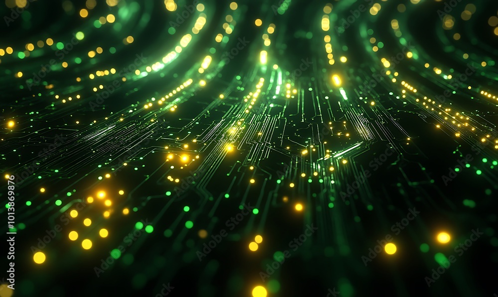 Poster A mesmerizing digital landscape featuring flowing green and yellow lights, creating an enchanting ambiance reminiscent of a data stream or cosmic scene.