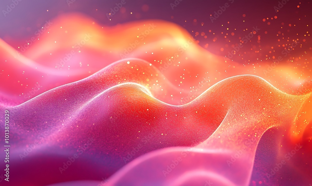 Poster the image features abstract waves of vibrant colors, blending pink and orange hues, creating a dynam