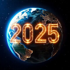 Świecący napis 2025 na tle planety Ziemia. Ekologiczne tło sylwestrowe lub noworoczne