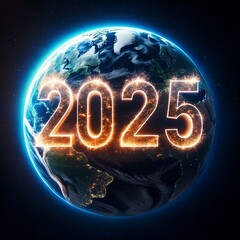 Glowing inscription 2025 against the background of planet Earth. Ecological New Year's Eve or New Year's background