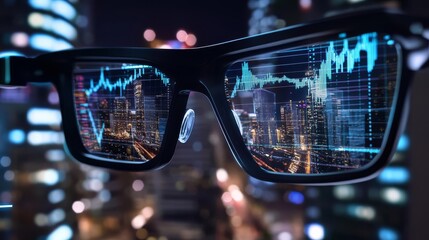 Augmented reality glasses revealing a high-tech financial district, digital market data and graphs overlaying real-world environments, selective focus on foreground, ultra HD,