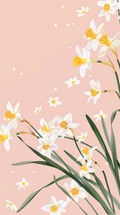Solid light pink background with a bunch of daffodils motif in the center