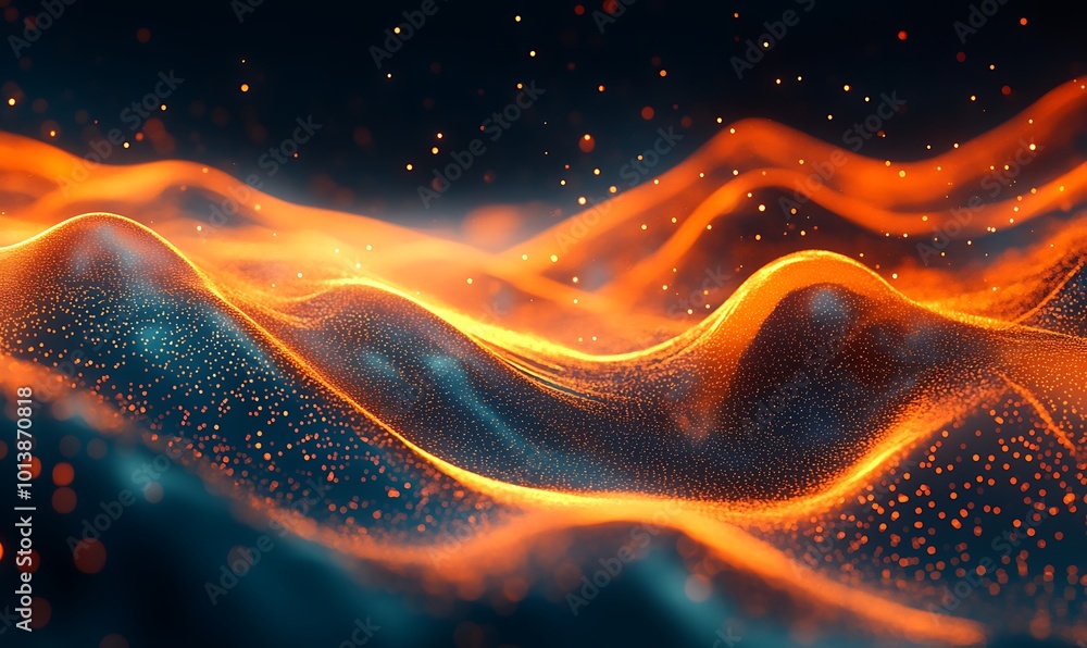 Leinwandbilder A vibrant, abstract image featuring wavy patterns and glowing elements in shades of orange and blue, creating a mesmerizing visual experience.