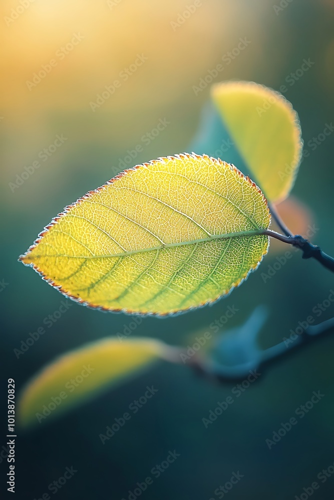 Wall mural Single yellow leaf in backlight, autumn foliage, macro photo