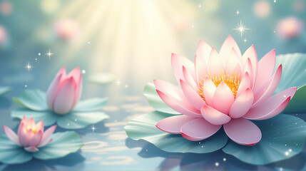 Fantastic illustration of pink lotus flowers illuminated by sunlight on a tranquil water surface