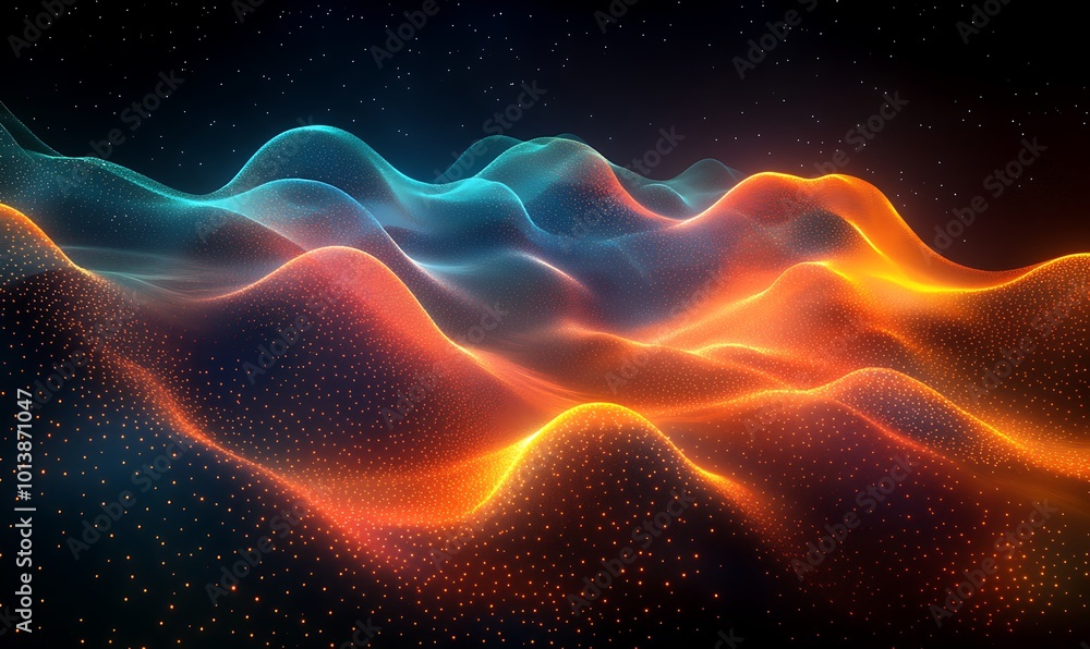 Poster a vibrant digital wave pattern in blues and oranges creates a mesmerizing effect, resembling flowing