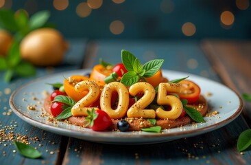 Celebrating new year 2025 with edible golden numbers on a plate with vegetables. Close-up