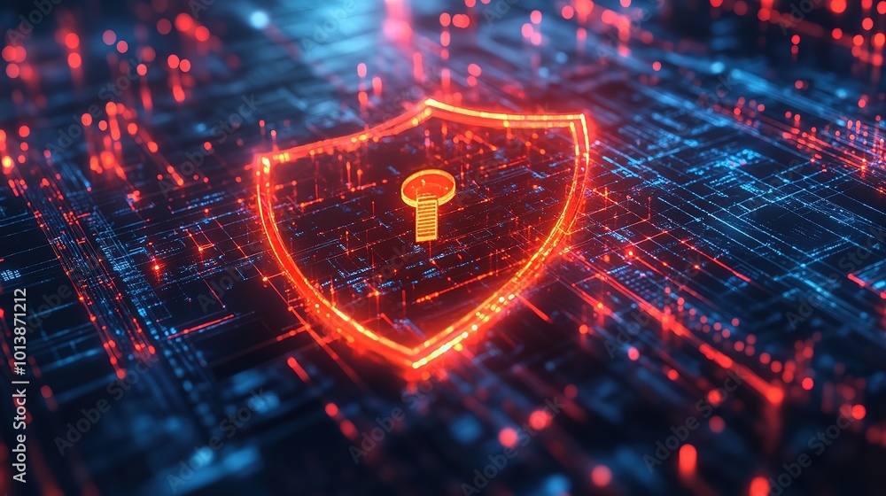 Poster cybersecurity, 3d shield and lock on network for digital transformation, antivirus and encryption on