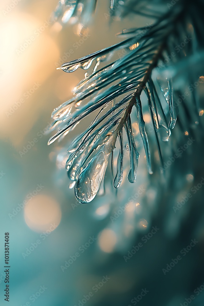 Poster close up of an iced pine branch with bokeh lights in the background