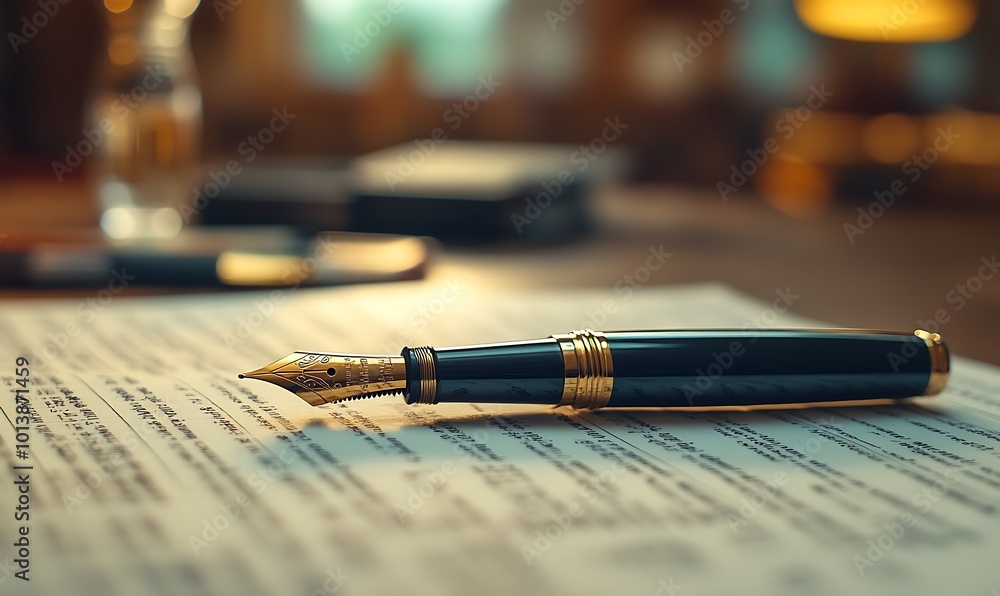 Poster a close-up of a fountain pen resting on sheet music, with a blurred background of books and a soft l