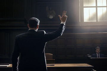 Attorney in a courtroom making an objection, standing and raising his hand for attention.