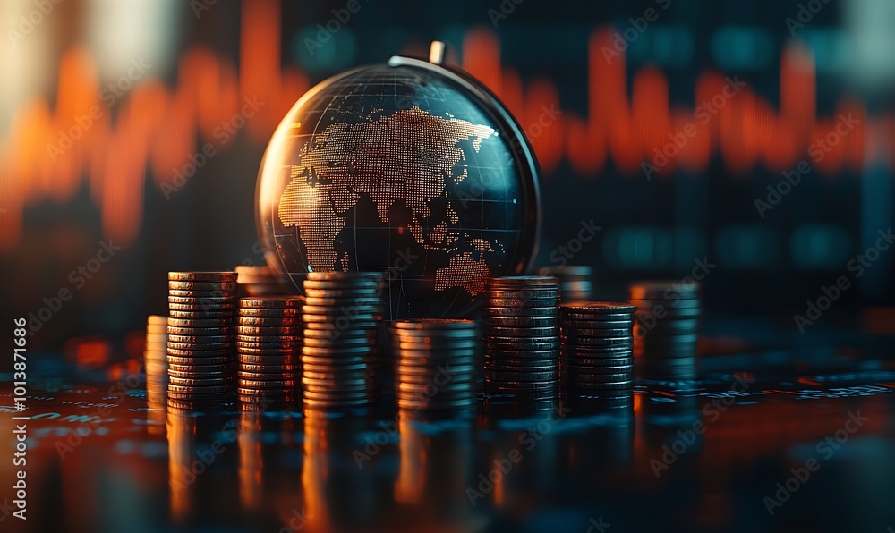 Poster a globe rests atop a stack of coins, symbolizing global finance and economic growth, with digital ch