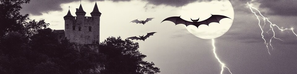 Fototapeta premium Dramatic halloween night with towering castle and bats in stormy sky.