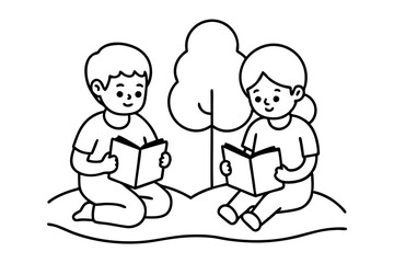 Children Engaged in Reading and Working Together in the Park Vector Illustration
