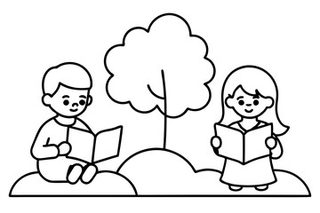 Joyful Kids Reading Books and Collaborating in a Beautiful Park Vector Illustration
