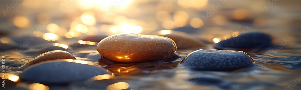 Poster A serene close-up of smooth stones illuminated by sunlight, reflecting on water, creating a tranquil and calming atmosphere.