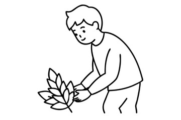 Enchanting Vector Design of a Boy Collecting Leaves in a Picturesque Forest Setting
