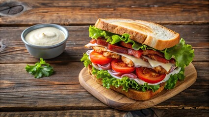 bird eye view of chicken and bacon sandwich with ranch dressing, tomato, and lettuce