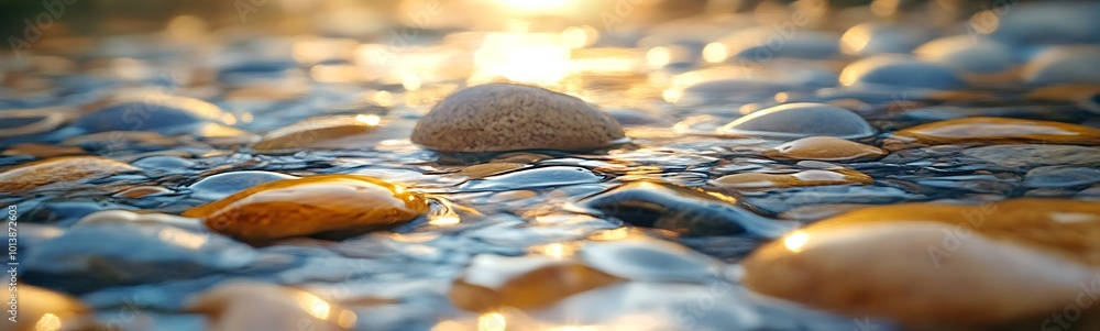 Aufkleber a serene close-up of smooth pebbles submerged in shallow water, reflecting warm light, creating a tr