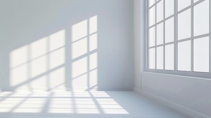 Sunlit empty room with large window casting shadows on white walls and floor. Minimal interior design.