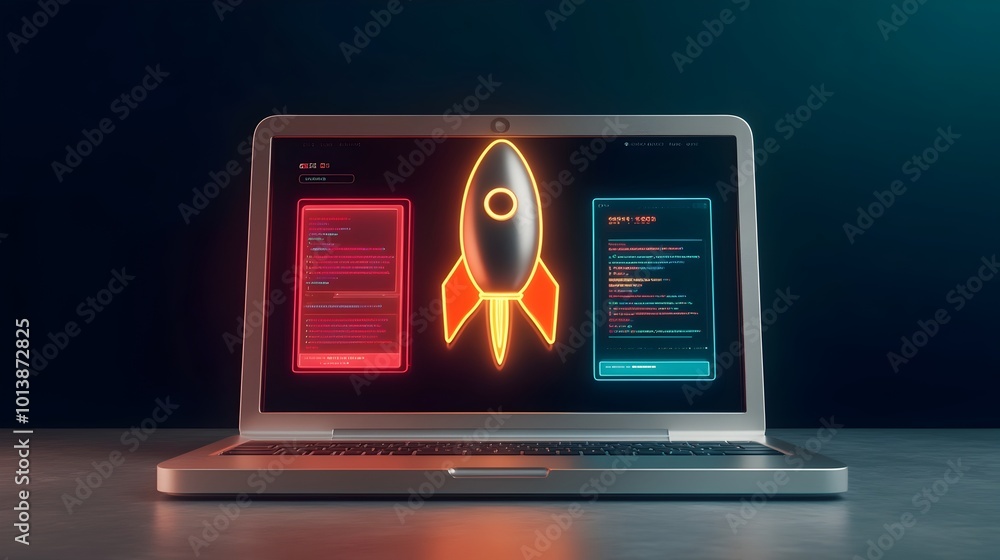 Poster futuristic 3d rendered startup concept featuring a sleek silver laptop holographic rocket icon color