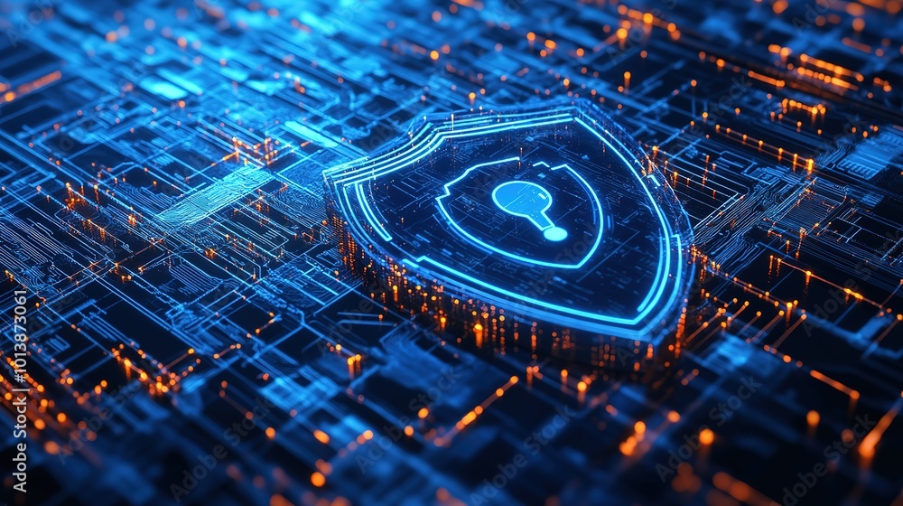 Poster cybersecurity, 3d shield and lock on network for digital transformation, antivirus and encryption on