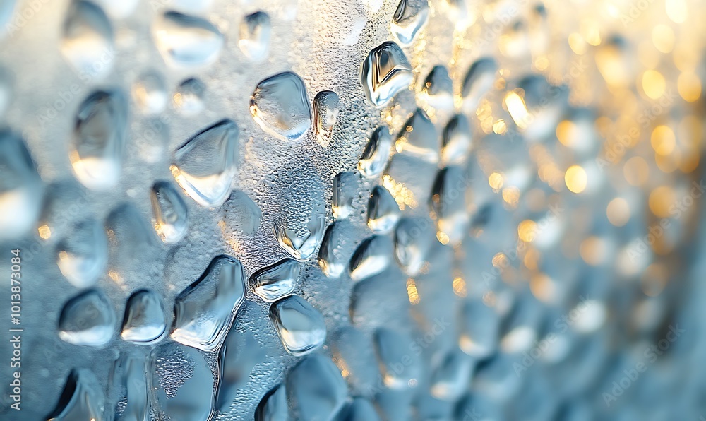Aufkleber Close-up of dew droplets on a surface, reflecting light, creating a beautiful bokeh effect in a serene atmosphere.