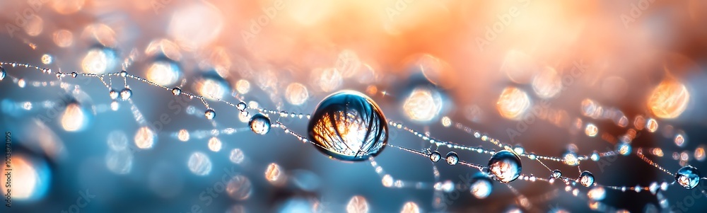 Poster a close-up of dew droplets glistening on a delicate web, illuminated by warm, soft light, creating a