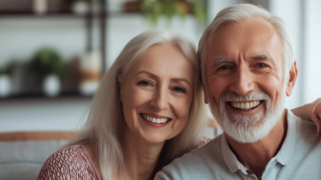 An elderly couple sitting together, smiling and enjoying the silence, cleanliness and bright environment.
