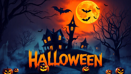 Spooky Halloween Haunted House with Full Moon, Flying Bats, and Glowing Jack-o'-Lanterns