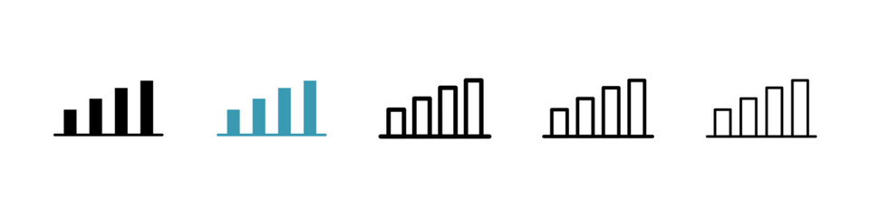 Bar chart vector icon set in black and blue colors.