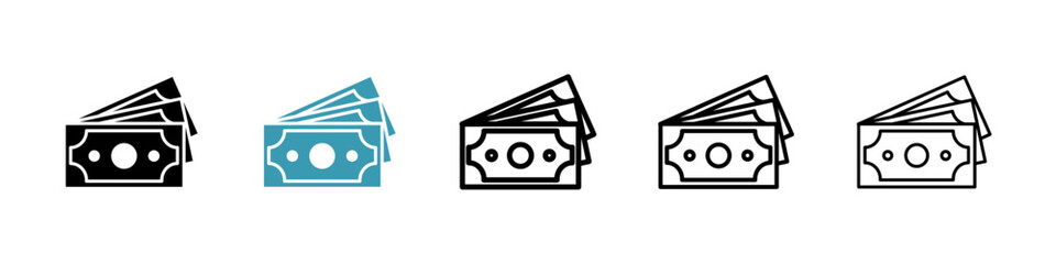 Cash vector icon set in black and blue colors.